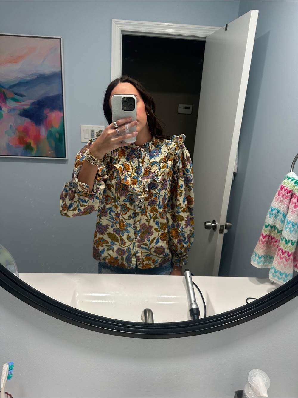 Floral Ruffle-Front Cream Blouse with Multi-Color Print - Picture 4 of 4
